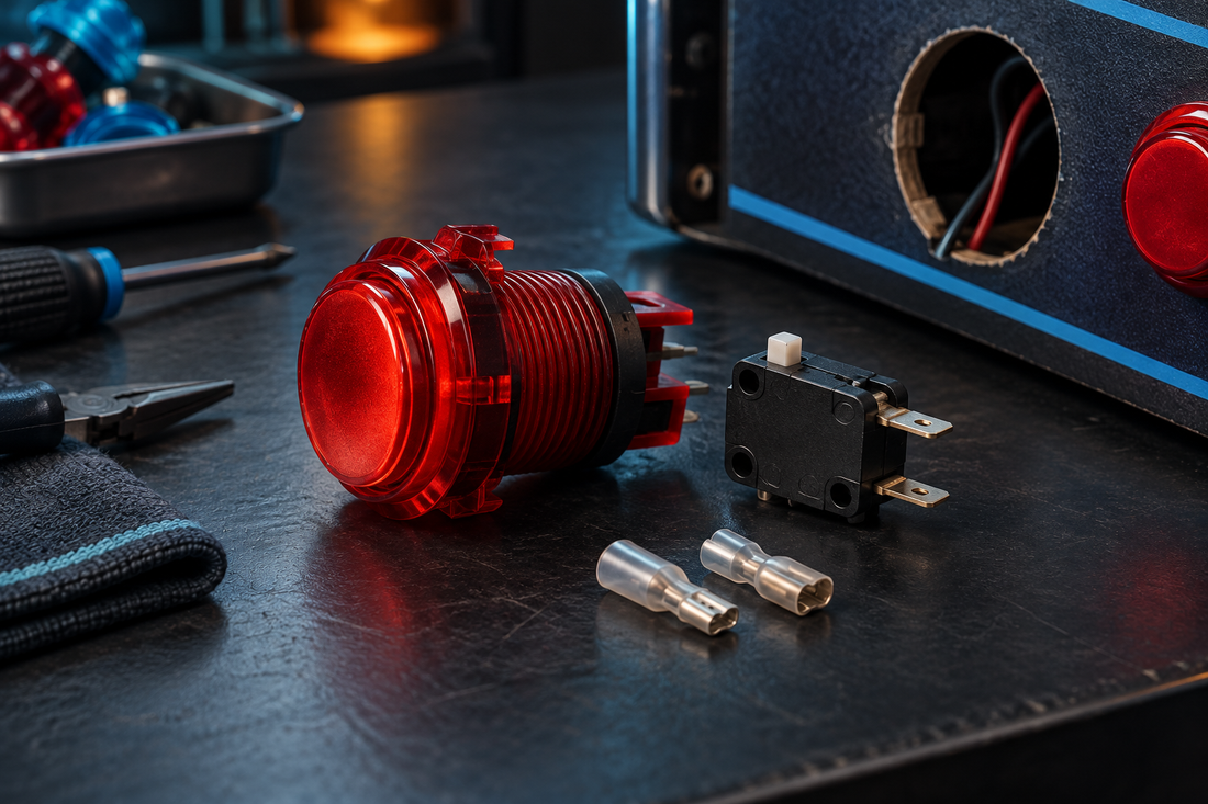 Illustration of a red arcade push button, detached microswitch and insulated connectors on a workshop bench.