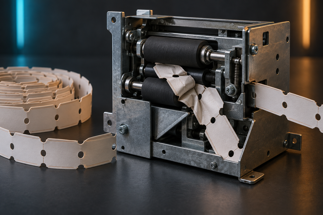 Illustration of an arcade ticket feeder with a folded strip of redemption tickets and visible rollers.