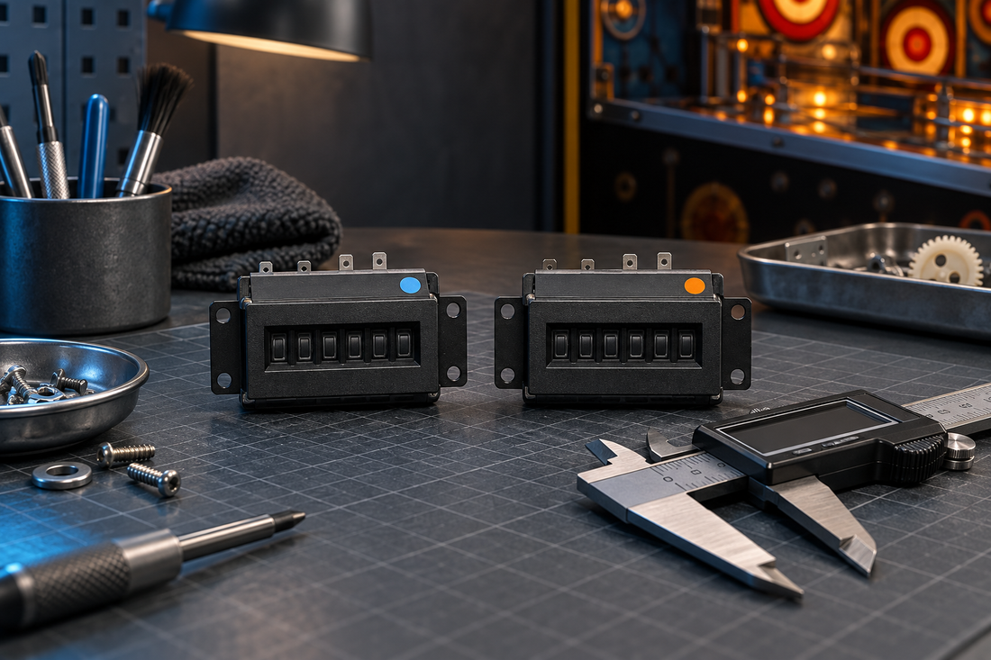 Illustration of two electromechanical counter modules beside a digital caliper on a dark workbench.