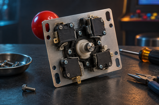 Illustration showing the underside of an arcade joystick, its mounting plate and four microswitches.