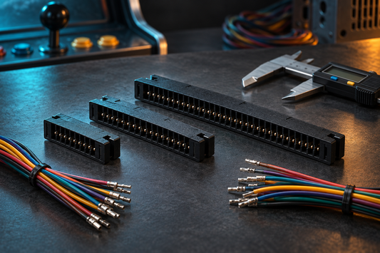 Illustration of three different multipin connector housings, disconnected wiring and a caliper.