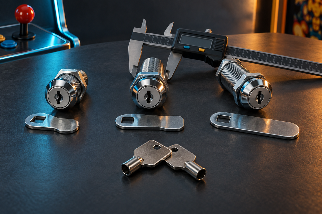 Illustration of three chrome cam locks with different barrel lengths, flat cams, keys and a caliper.