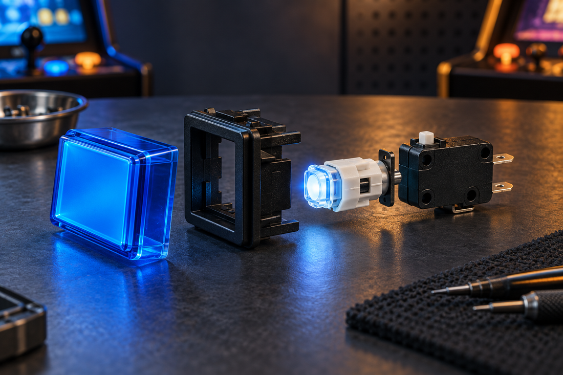 Illustration of a blue illuminated arcade button with separate lamp holder and microswitch components.